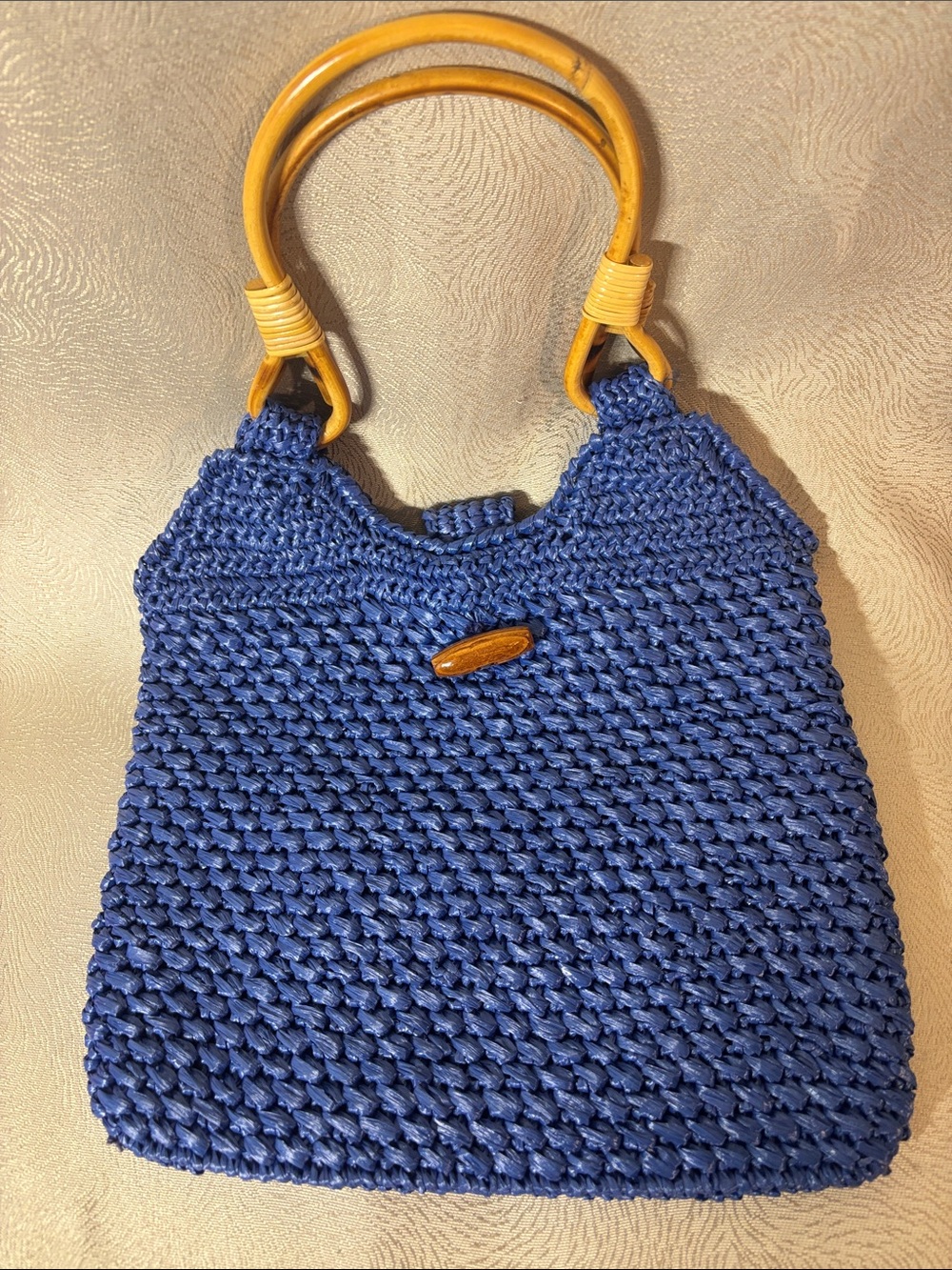 Vintage Woven Blue Tote Bag with Bamboo Handles 0282